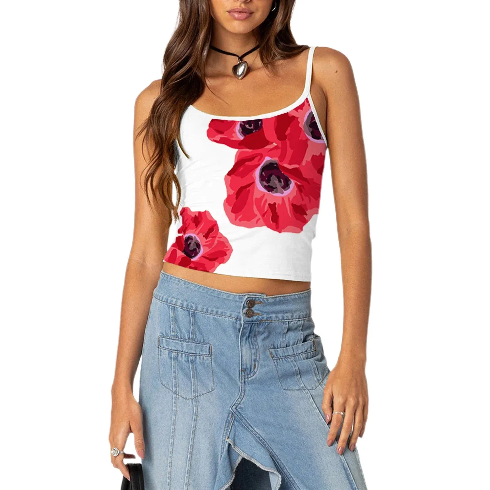 Women Crop Camisoles Floral Print Spaghetti Strap Backless Summer Vests Streetwear Tank Y2k Top