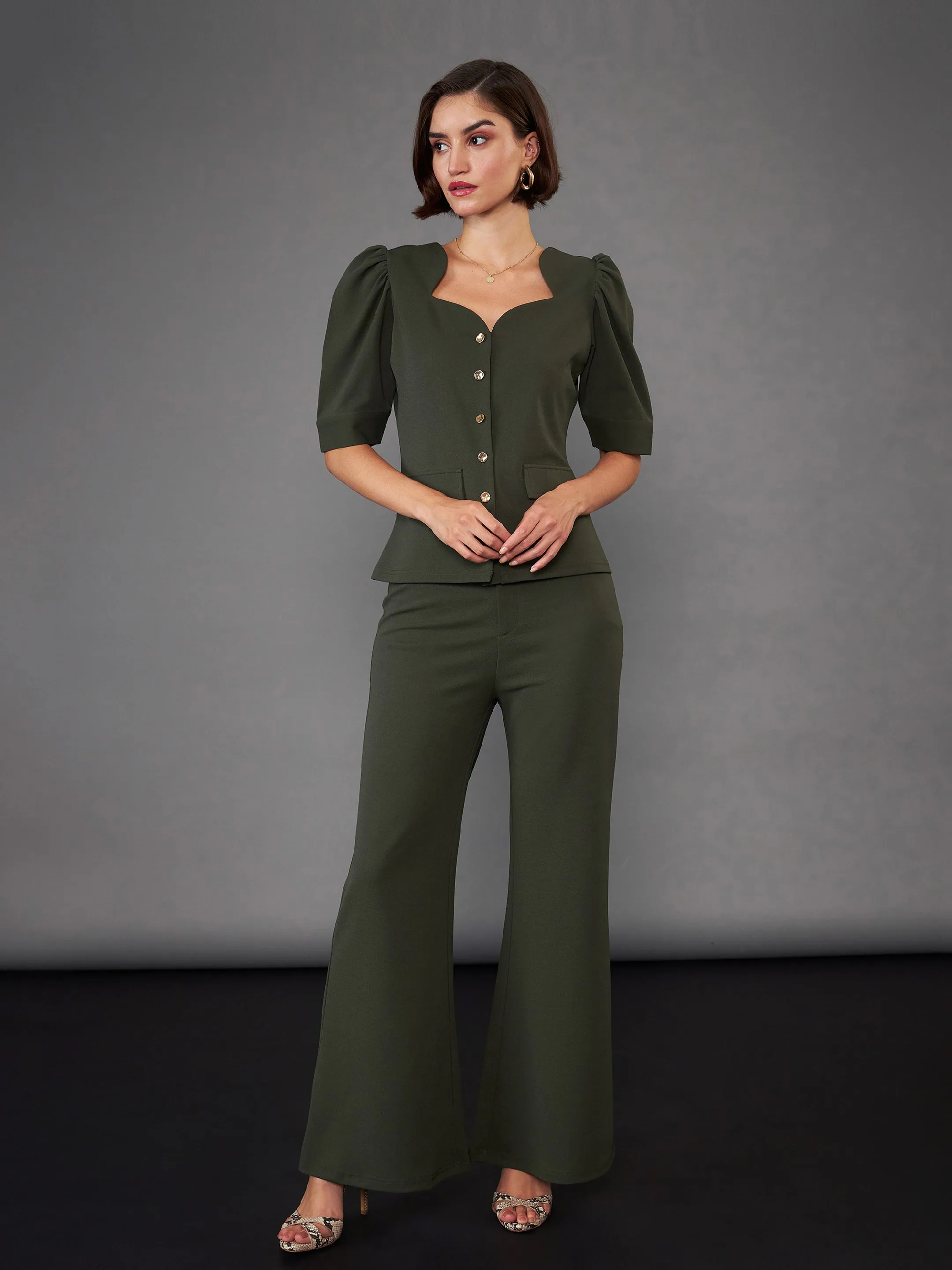 Women Olive Puff Sleeves Top With Bell Bottom Pants