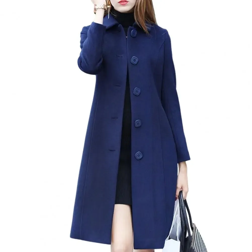 Womens Mid-Length Single-Breasted Solid Colour Turn-Down Collar Elegant Warm Winter Coat