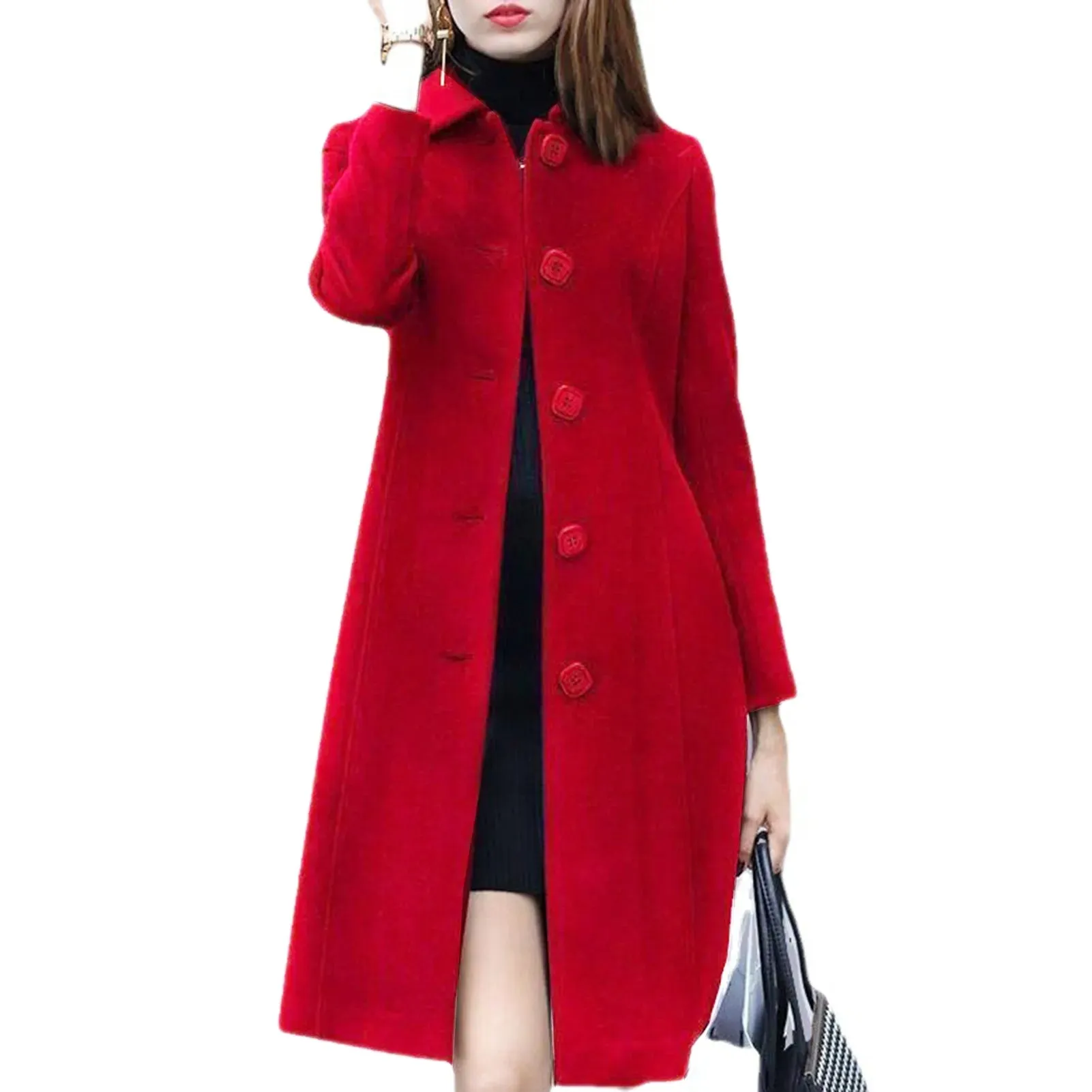 Womens Mid-Length Single-Breasted Solid Colour Turn-Down Collar Elegant Warm Winter Coat