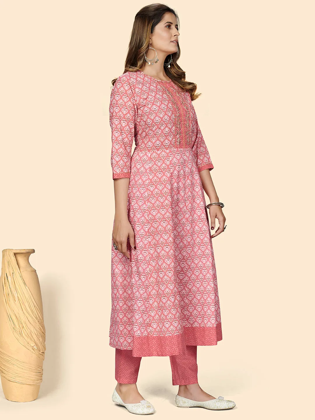 Women'S Peach Anarkali Kurta & Pant With Dupatta Set- (3Pcs Set)