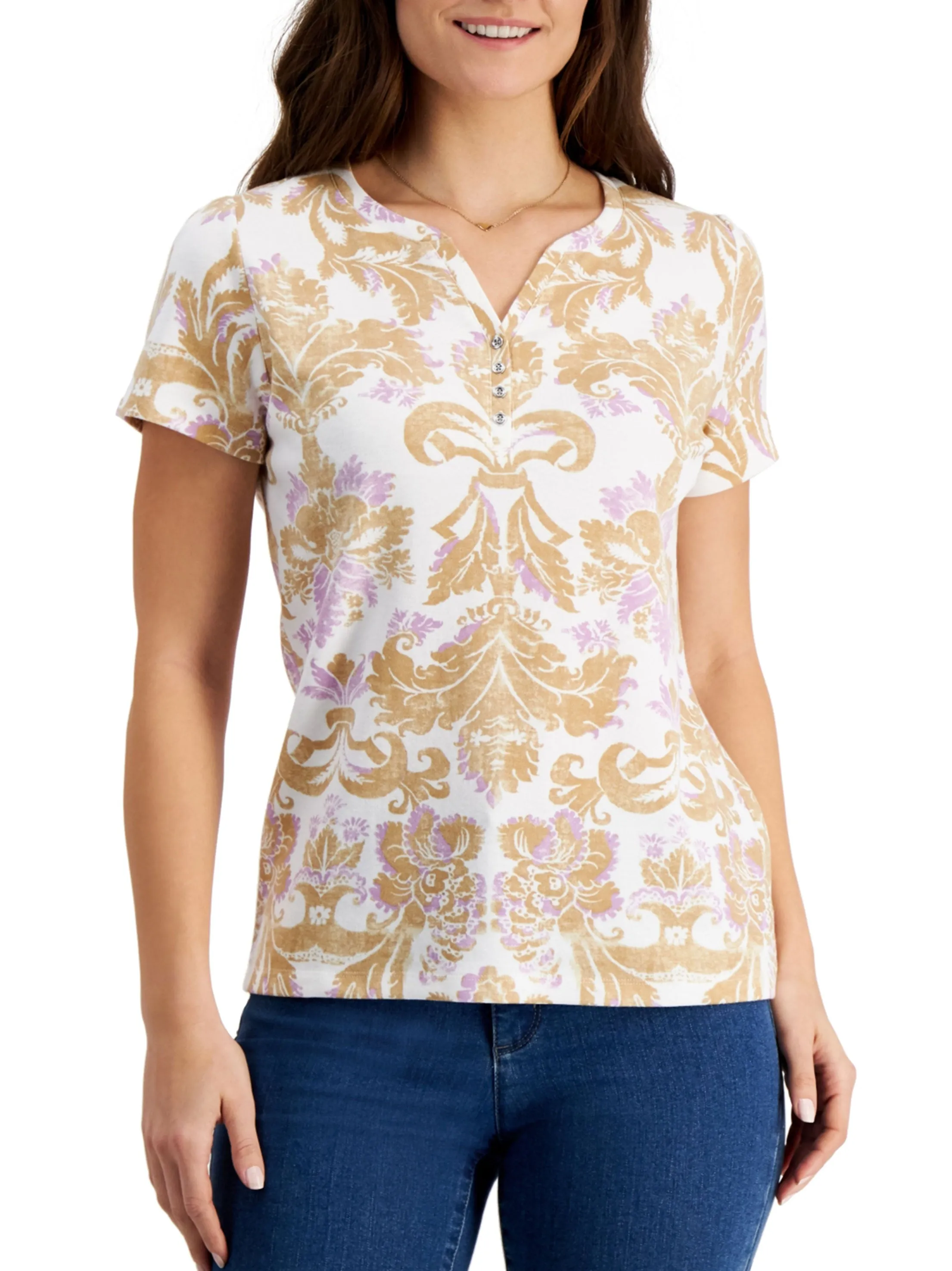 Women's Printed Henley Top,Multi