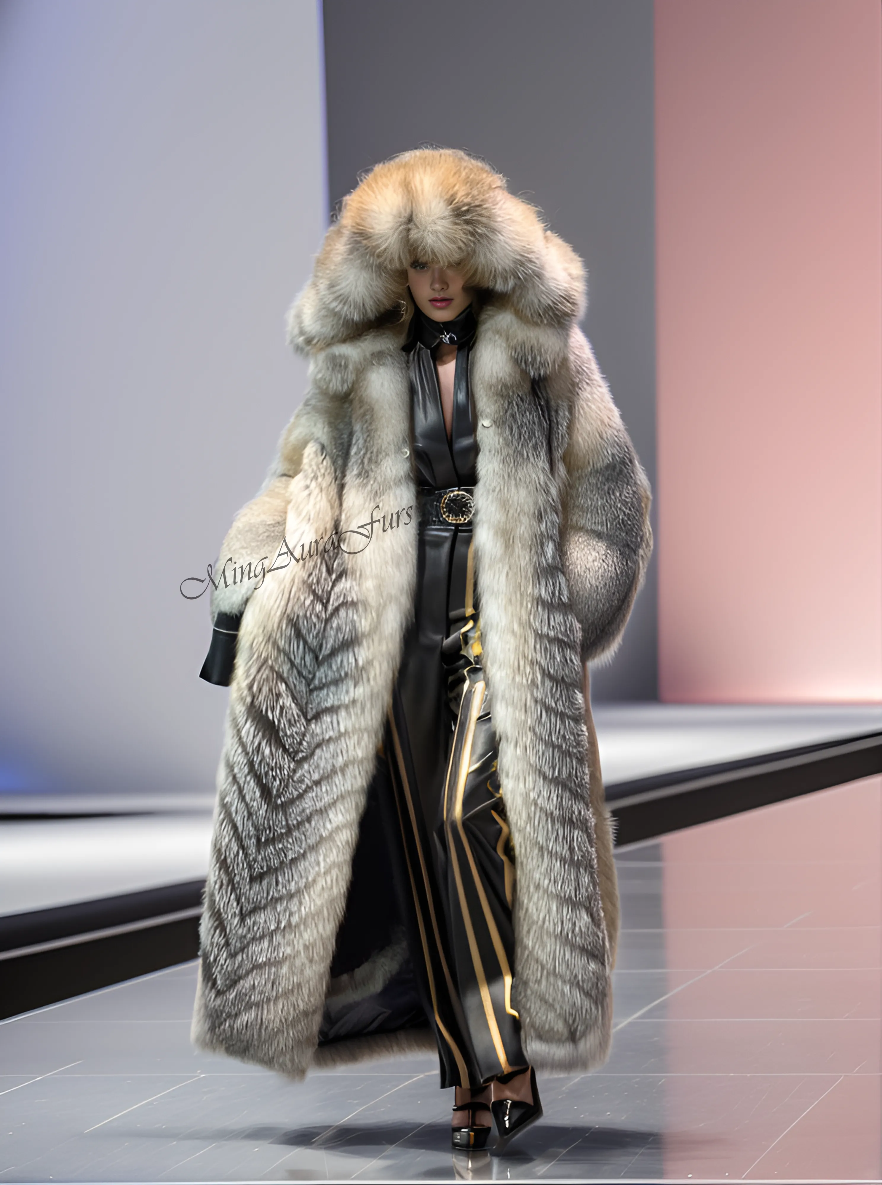 Women's Real Fox Fur Coat with Fur Hood - Amber Frost Fox - G0057