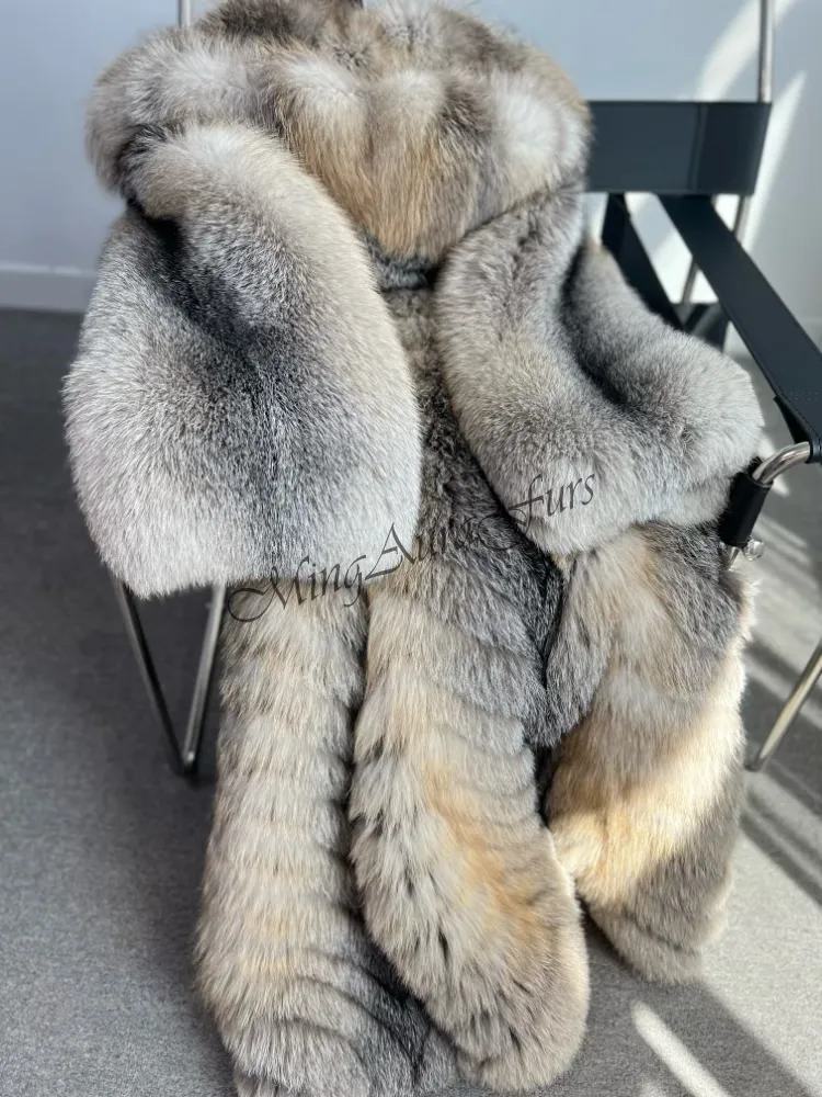 Women's Real Fox Fur Coat with Fur Hood - Amber Frost Fox - G0057