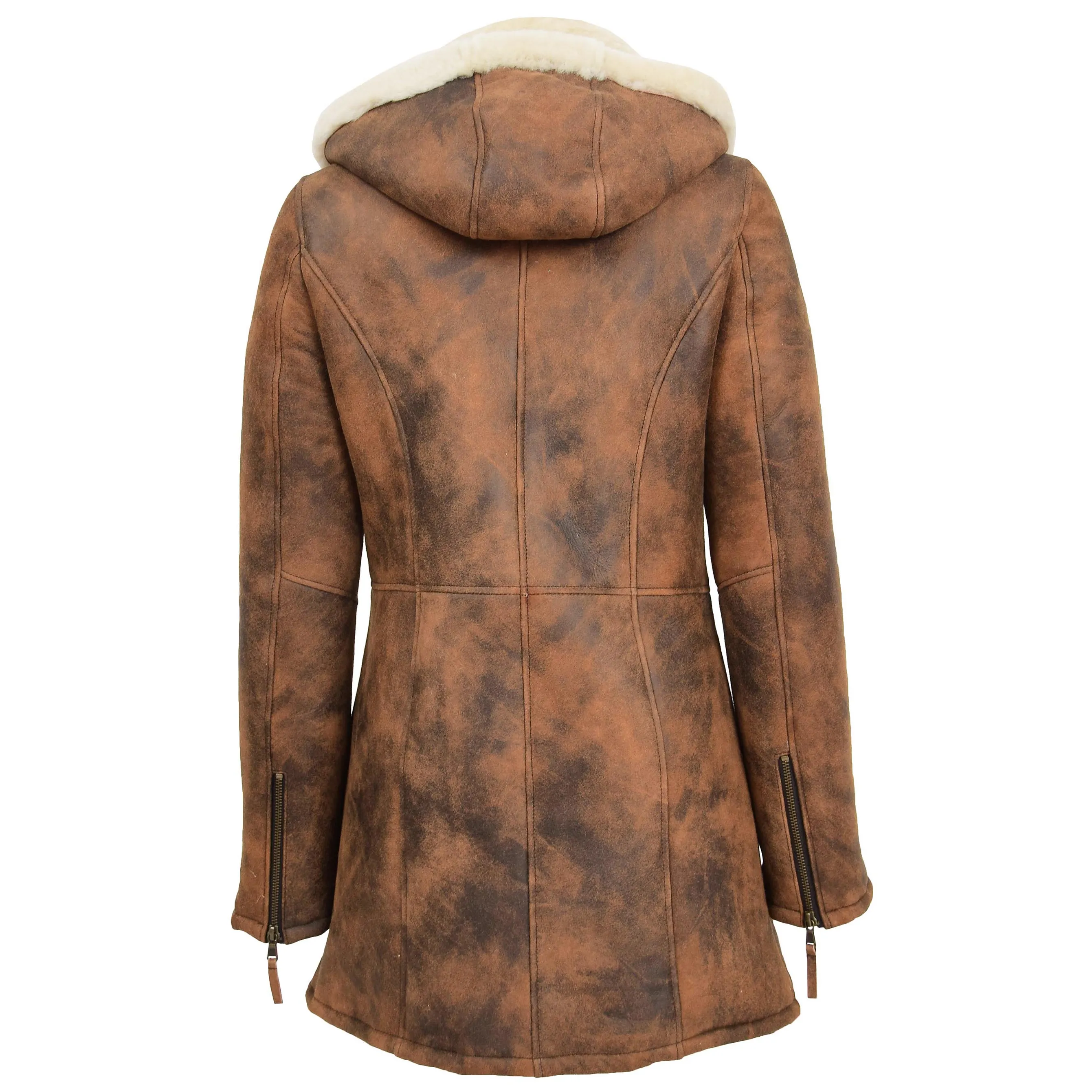 Womens Real Sheepskin Duffle Coat Hooded Shearling Jacket Armas Cognac