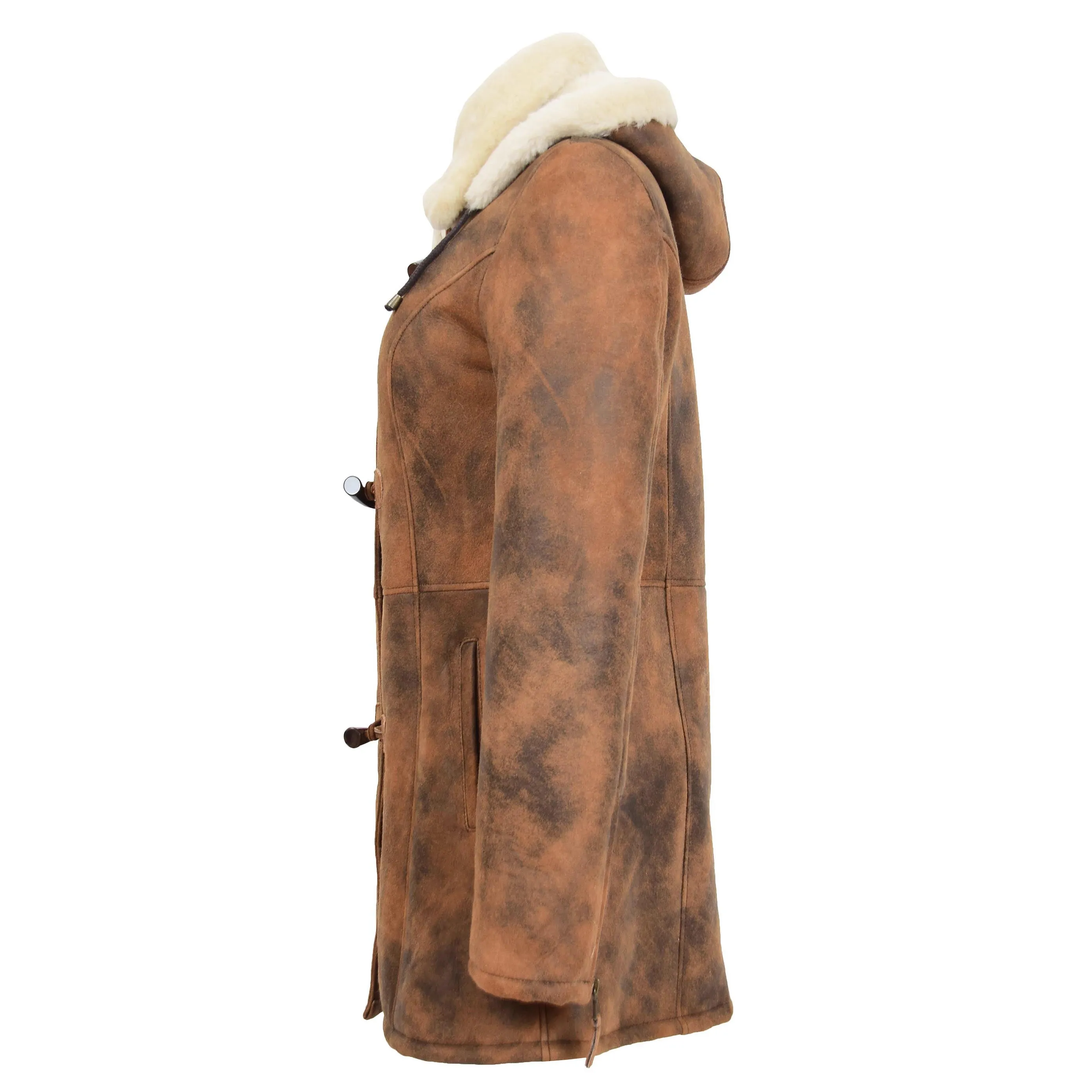 Womens Real Sheepskin Duffle Coat Hooded Shearling Jacket Armas Cognac