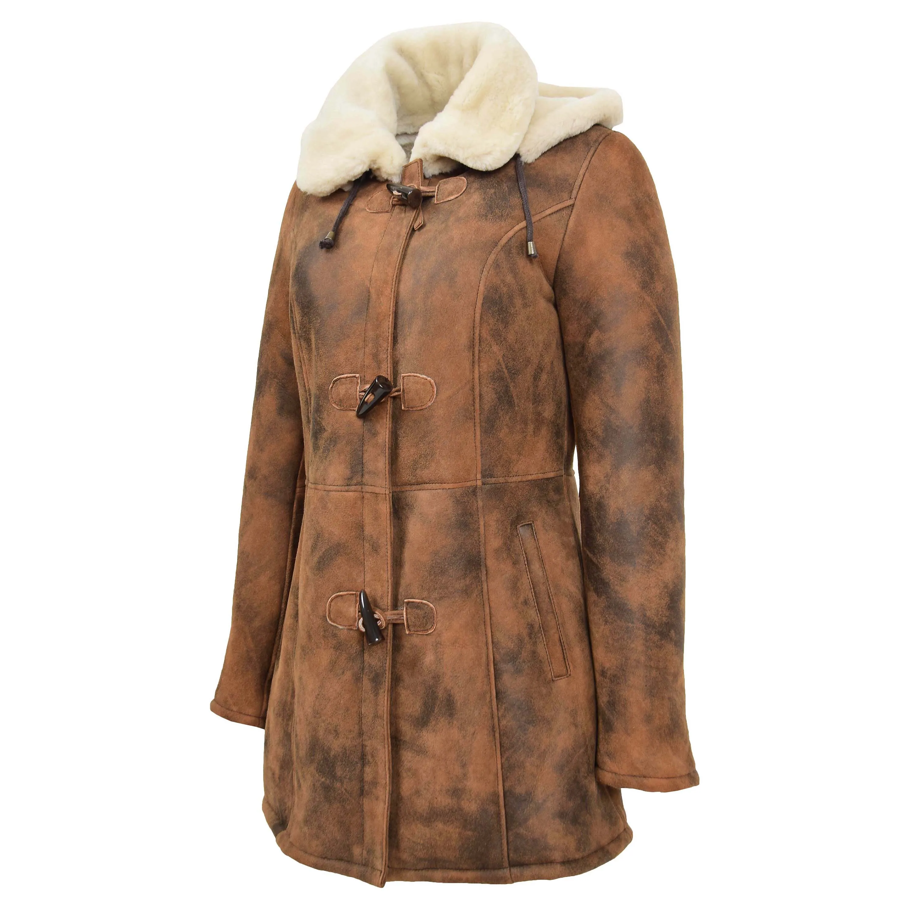 Womens Real Sheepskin Duffle Coat Hooded Shearling Jacket Armas Cognac