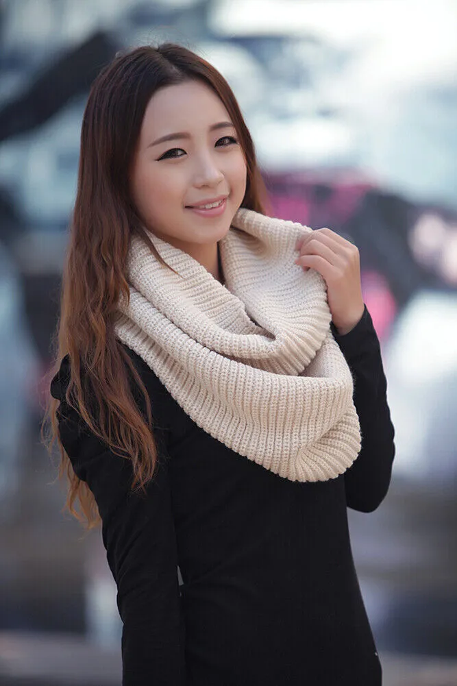 Women's Winter Warm Infinity 2 Circle/Loop Cable Knit Cowl Neck Long Scarf Shawl