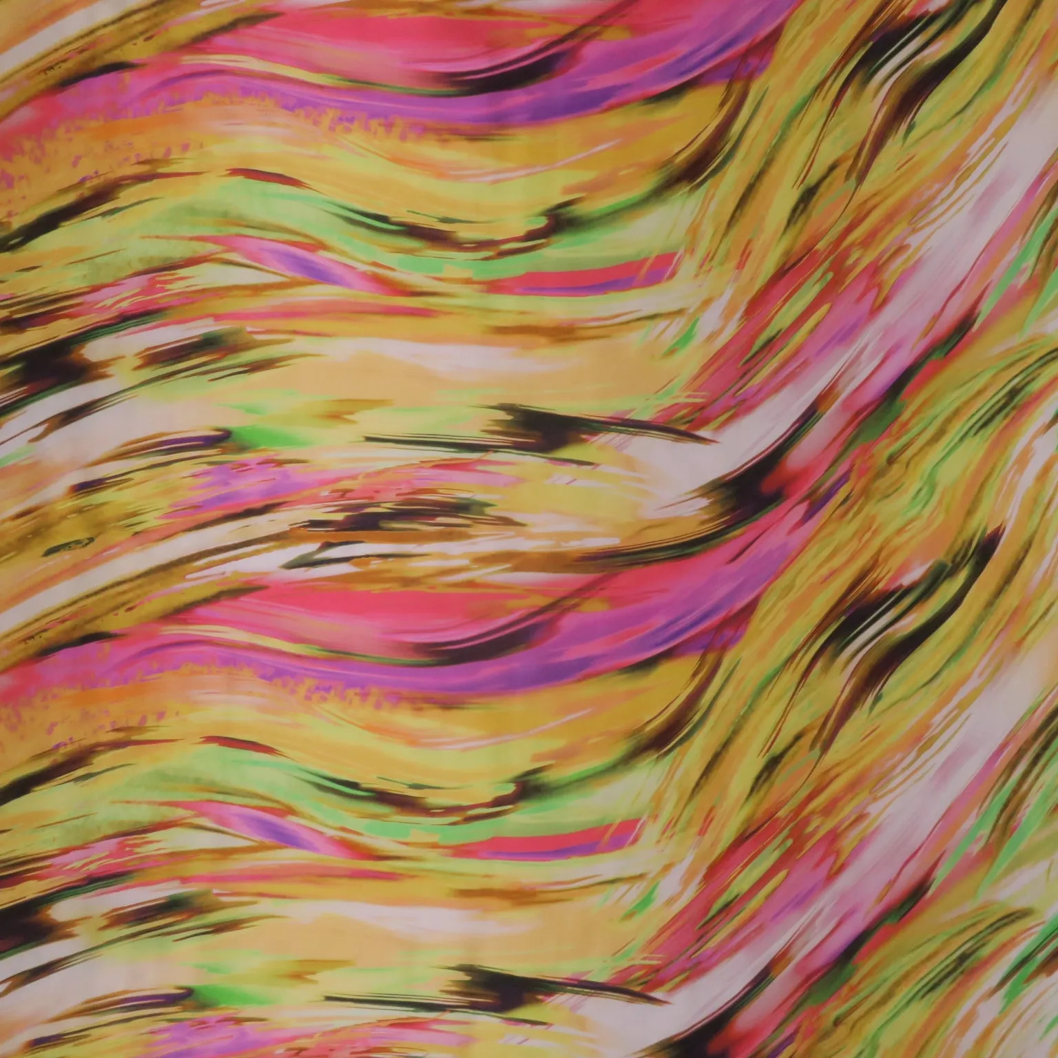 Yellow and Fuchsia Waves Printed Silk Charmeuse Fabric